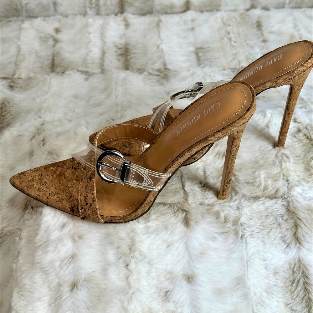 Cape Robbin Ferocios Pointy Toe Slip On 4.5" Heel Mule Slides Cork Wrap - Picture 4 of 8
